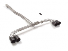 Endrohren Gruppe N in Edelstahl rechts/links mit je ER 2x90 mm rund Carbon Shot versetzt Ausnahme von der OEM Klappe. Der ursprüngliche Ventilantrieb muss durch den mitgelieferten Emulator vom Auspuff getrennt werden. Vergrößerter Rohrdurchmesser 76 m