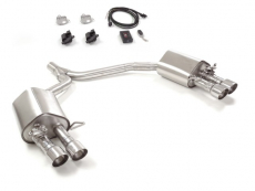 Stainless steel rear silencer left/right each with round Sport Line tail pipe 2x90 mm staggered with integrated electrical valves including remote control. 