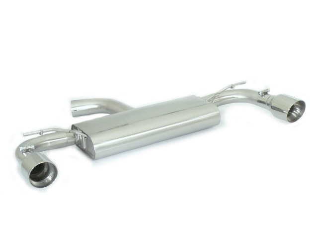 Stainless steel rear silencer left/right each with round Sport Line tail pipe 102 mm   Oversized exhaust pipe diameter 76 mm