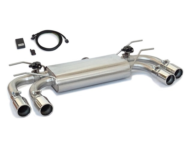 Stainless steel rear silencer left/right each with round tail pipe 2 / 80 mm with integrated electrical valves including remote control.  Oversized exhaust pipe diameter 70 mm