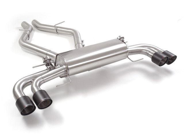 Stainless steel rear silencer left/right each with round Carbon Shot tail pipe 2 / 100 mm  With vacuum operated valves. Oversized exhaust pipe diameter 76 mm 
