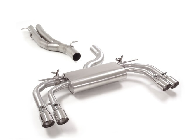 Stainless steel centre pipe group N + Stainless steel rear silencer left/right each with round Sport Line tail pipe 2x90 mm staggered with integrated valves.The valves are controlled by the OEM valve motor. Approval valid for the rear silencers.