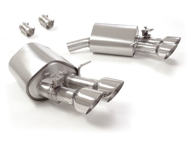 Endschalldämpfer in Edelstahl rechts/links mit je ER 2x102mm rund Sport Line versetzt  mit integrierte Klappe.Die Steuerung der Klappe erfolgt durch die Serienelektronik der Klappe   Vergrößerter Rohrdurchmesser 63