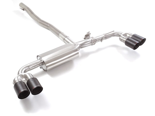 Stainless steel rear silencer left/right each with round Carbon Shot tail pipe 2x90 mm staggered  with integrated valve.The valve is controlled by the OEM valve motor.  Oversized exhaust pipe diameter 76 mm 