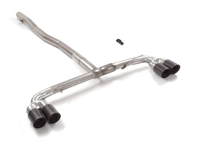 Endrohren Gruppe N in Edelstahl rechts/links mit je ER 2x90 mm rund Carbon Shot versetzt Ausnahme von der OEM Klappe. Der ursprüngliche Ventilantrieb muss durch den mitgelieferten Emulator vom Auspuff getrennt werden. Vergrößerter Rohrdurchmesser 76 m