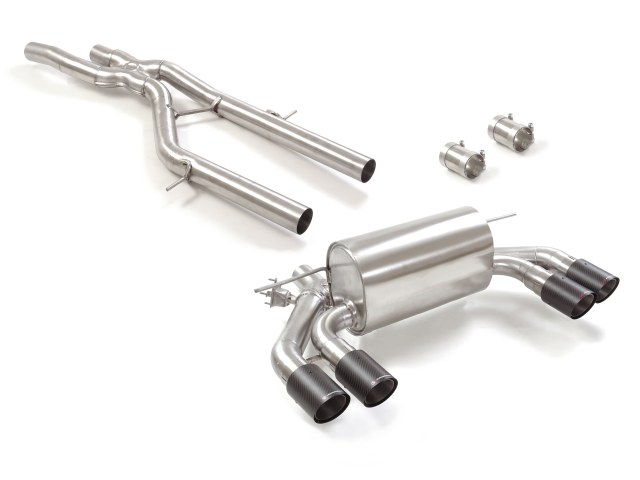 Stainless steel centre pipe + Stainless steel rear silencer left/right each with round Carbon Shot tail pipe 2x90 mm staggered  with integrated valves.The valves are controlled by the OEM valve motor. Oversized exhaust pipe diameter 70 mm
