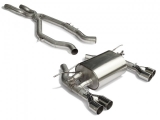 Stainless steel centre pipe + Stainless steel rear silencer left/right each with round Race Line tail pipe 2x80 mm staggered  with integrated valves.The valves are controlled by the OEM valve motor. Oversized exhaust pipe diameter 70 mm