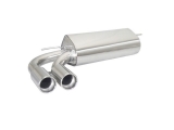 Stainless steel rear silencer with round tail pipe 2x80 mm staggered Exclusion of the OEM valve. The original valve actuator must be disconnected from the exhaust with the attachment of the supplied emulator.